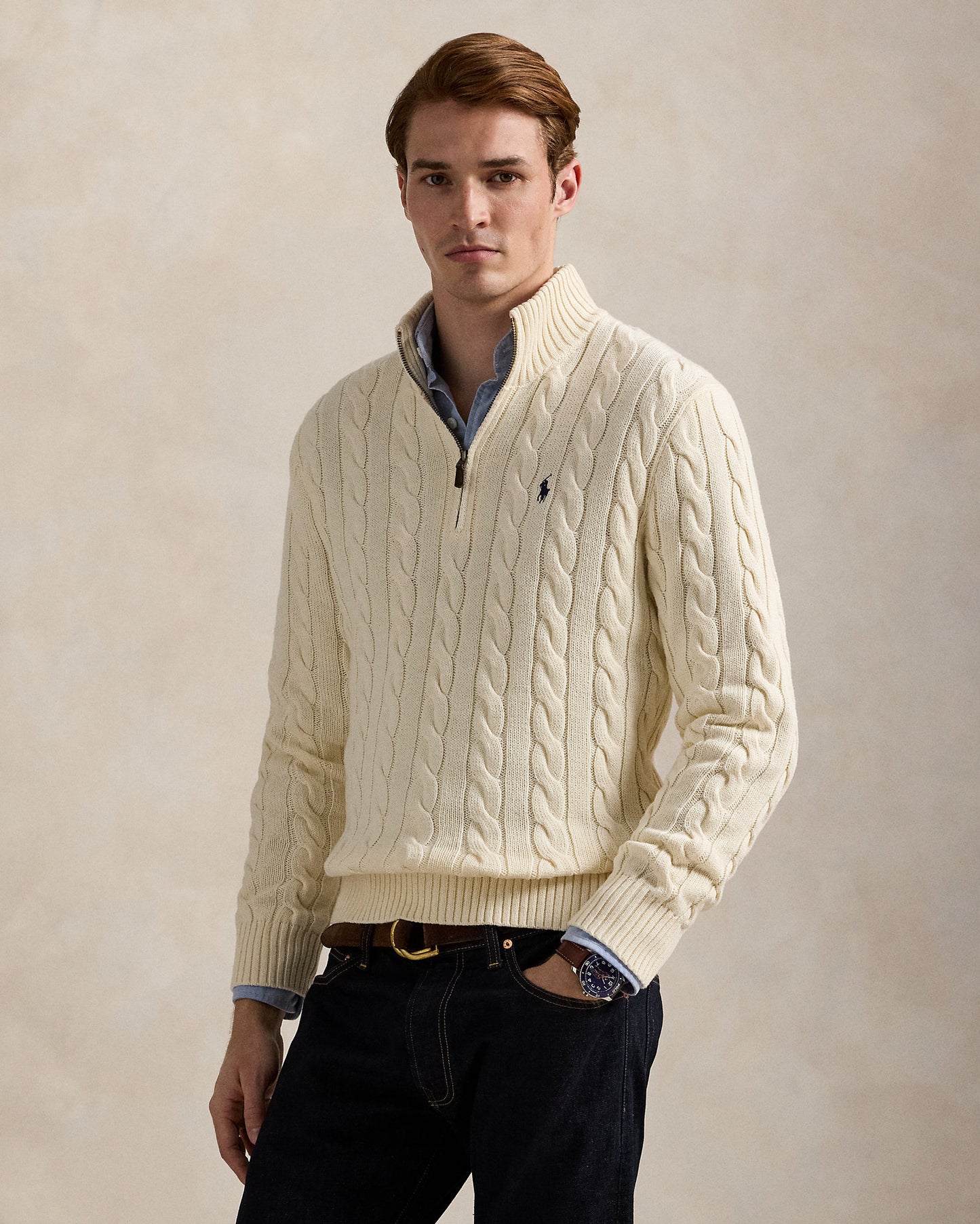 Pullover aus Baumwolle mit Zopfmuster und Viertelreißverschluss