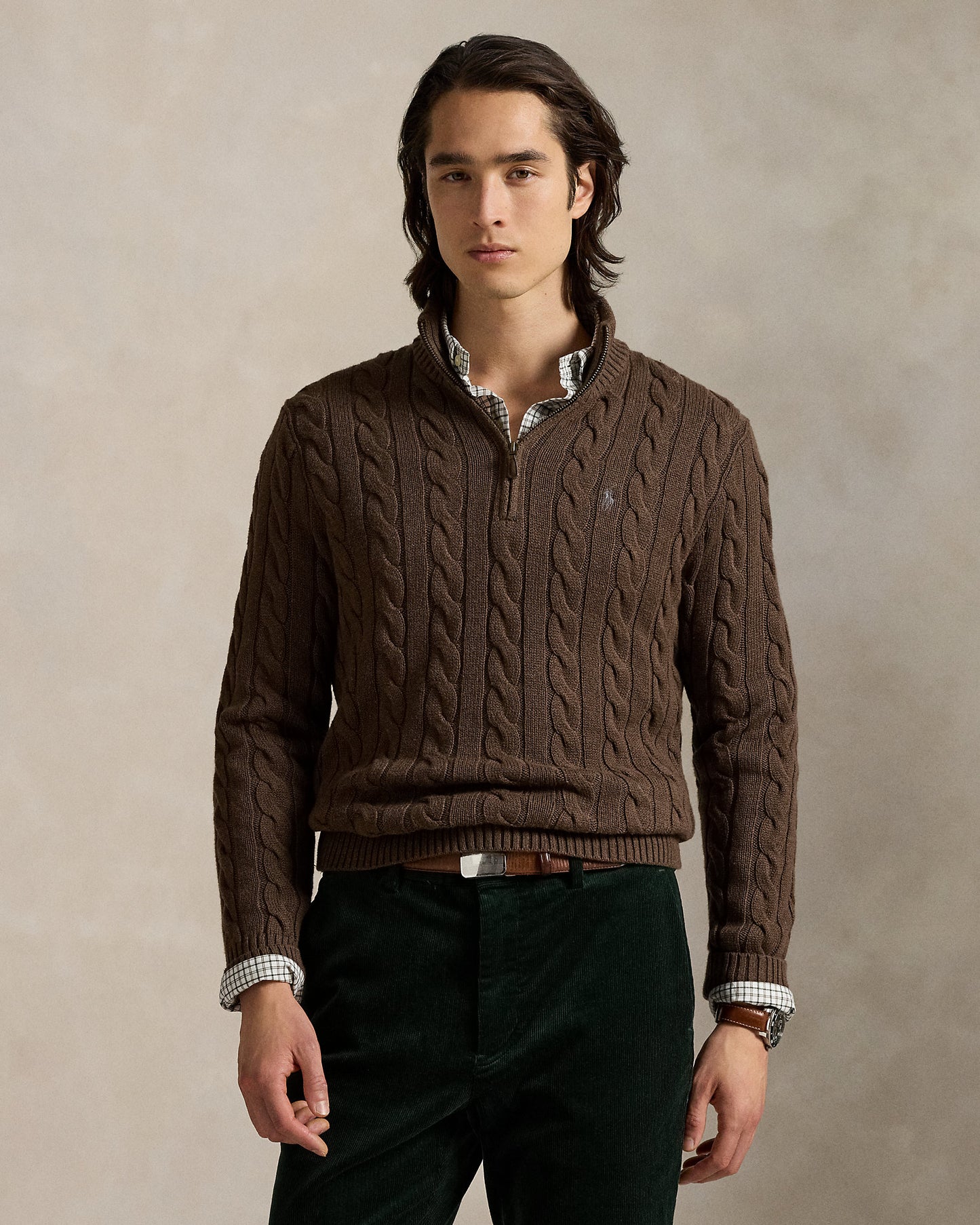 Pullover aus Baumwolle mit Zopfmuster und Viertelreißverschluss